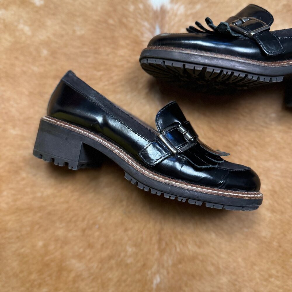 Wonders Black Leather Fringe Loafers Women’s Size 36 Chunky Sole Lug Heel - Picture 2 of 9